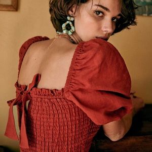 Sezane Puff Sleeve Linen Crop Top Size 10